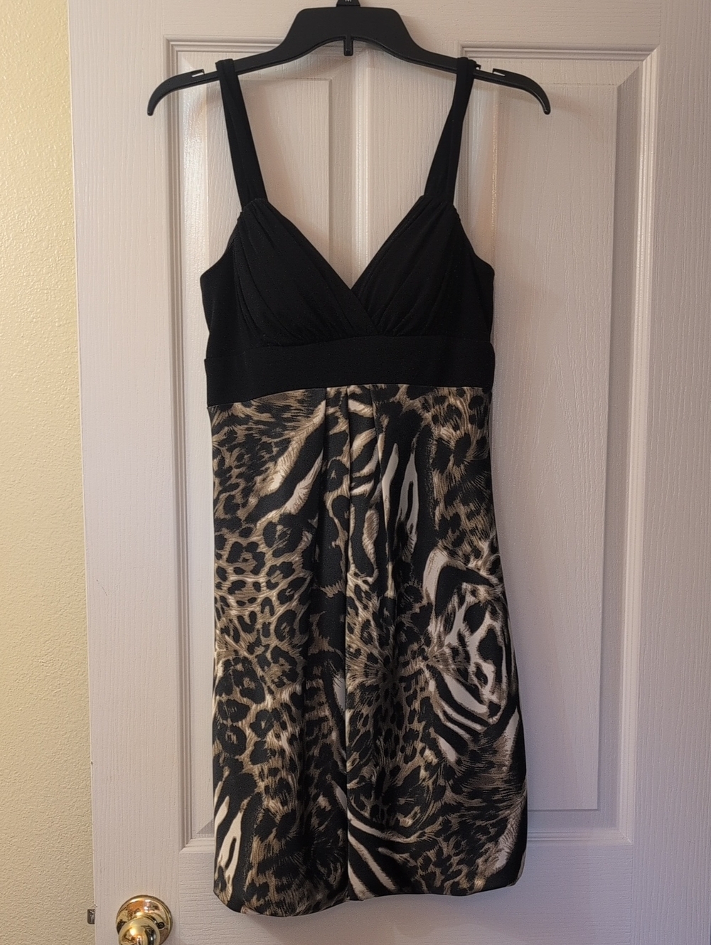 Betsy & Adam Black Bodice Animal Print Mini Dress